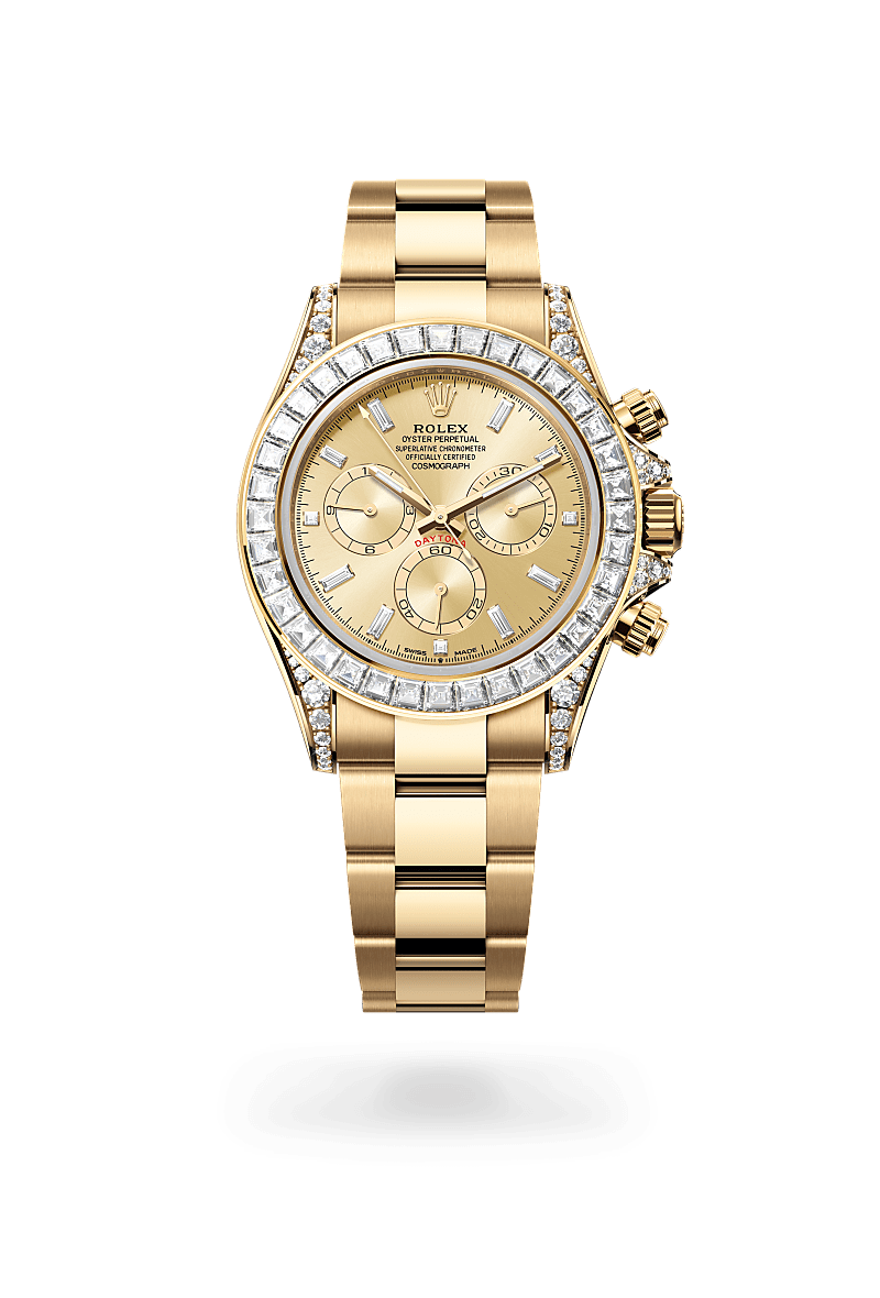 rolex COSMOGRAPH DAYTONA front view in 18 ct yellow gold with lugs set with diamonds, M126598TBR-0001 - Hyundaiwatch