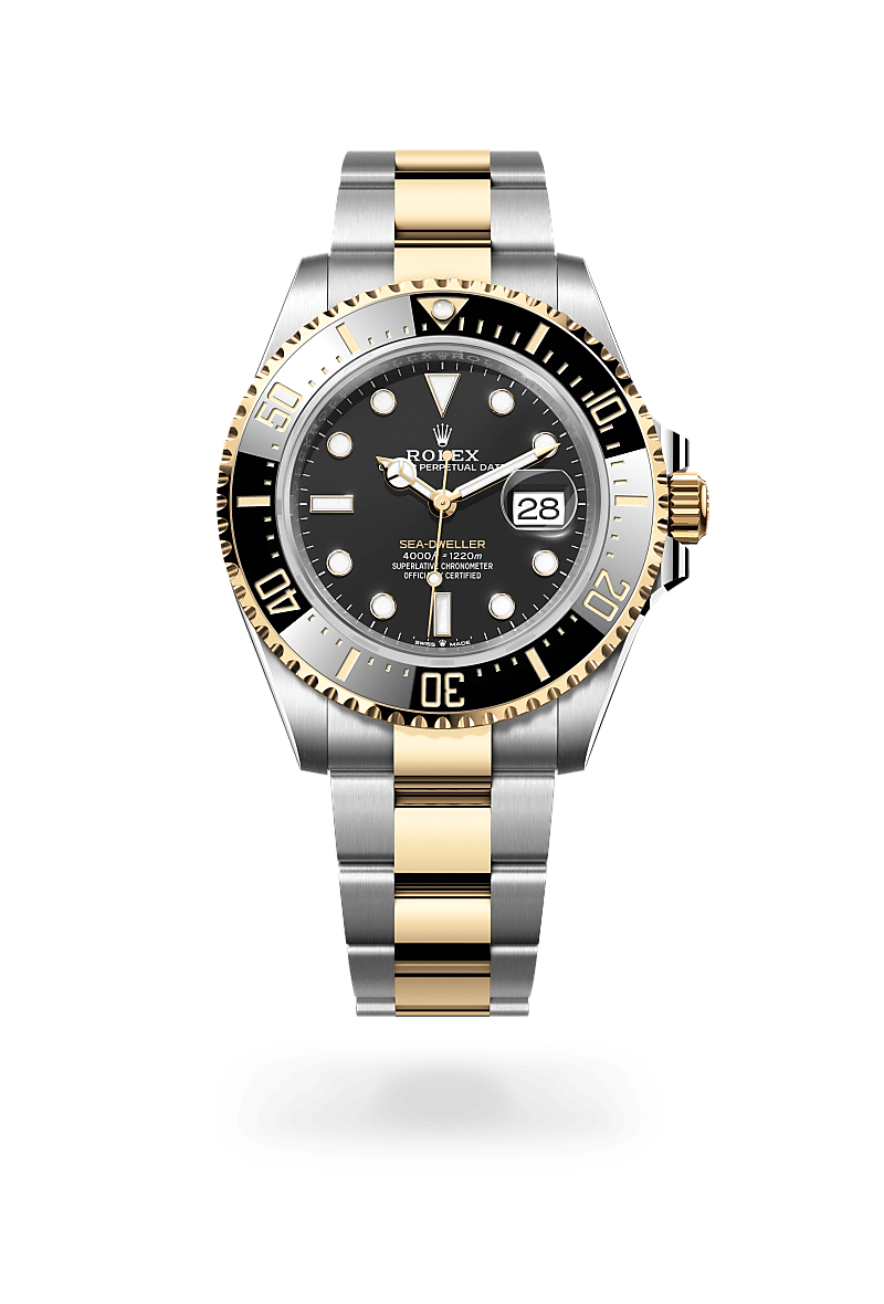 옐로우 롤레조 – 오이스터스틸과 옐로우 골드의 조합 소재의 롤렉스 SEA-DWELLER 정면, M126603-0001 - 현대시계