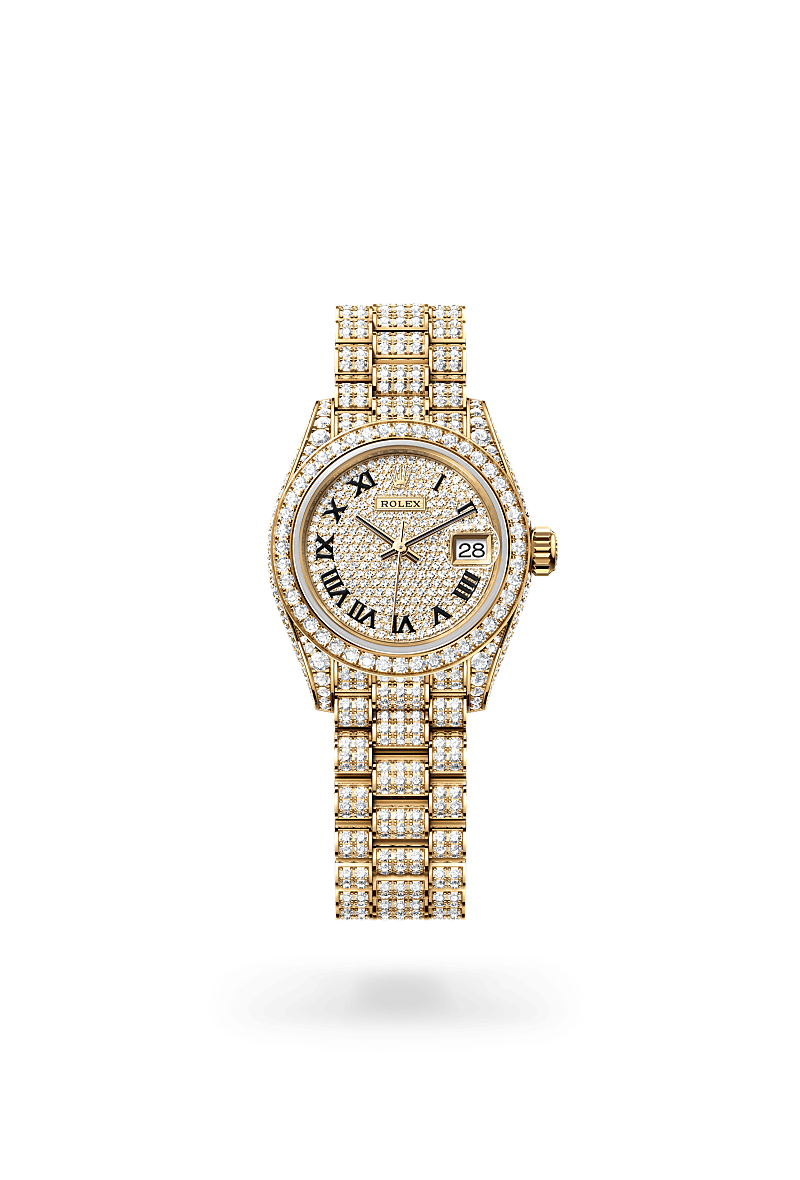 rolex LADY-DATEJUST front view in 18 ct yellow gold with case sides and lugs set with diamonds, M279458RBR-0001 - Hyundaiwatch